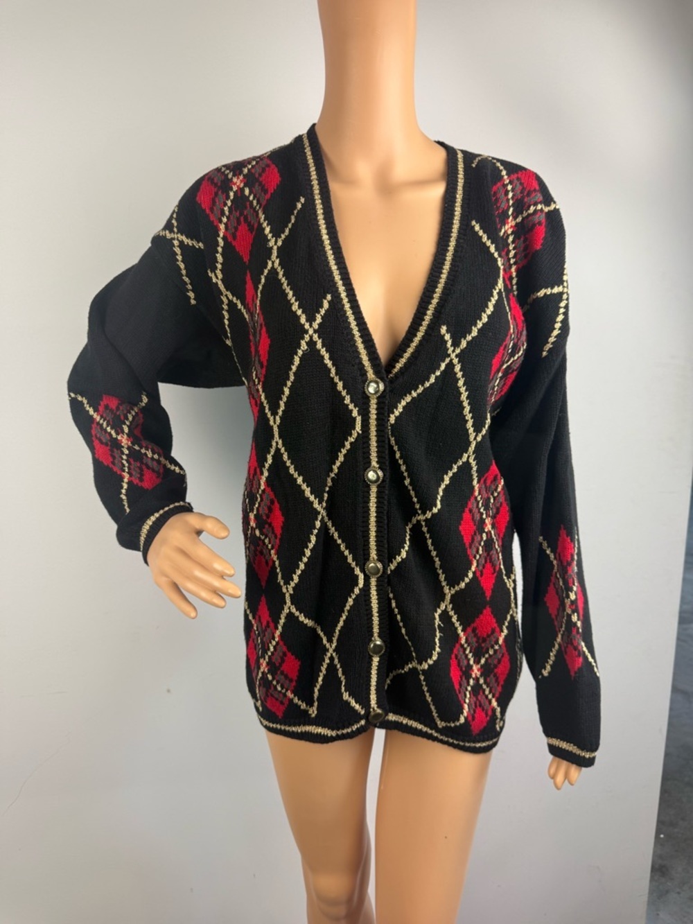 VTG Christopher & Banks Womens Medium Hand Embroidered Argyle Christmas Cardigan